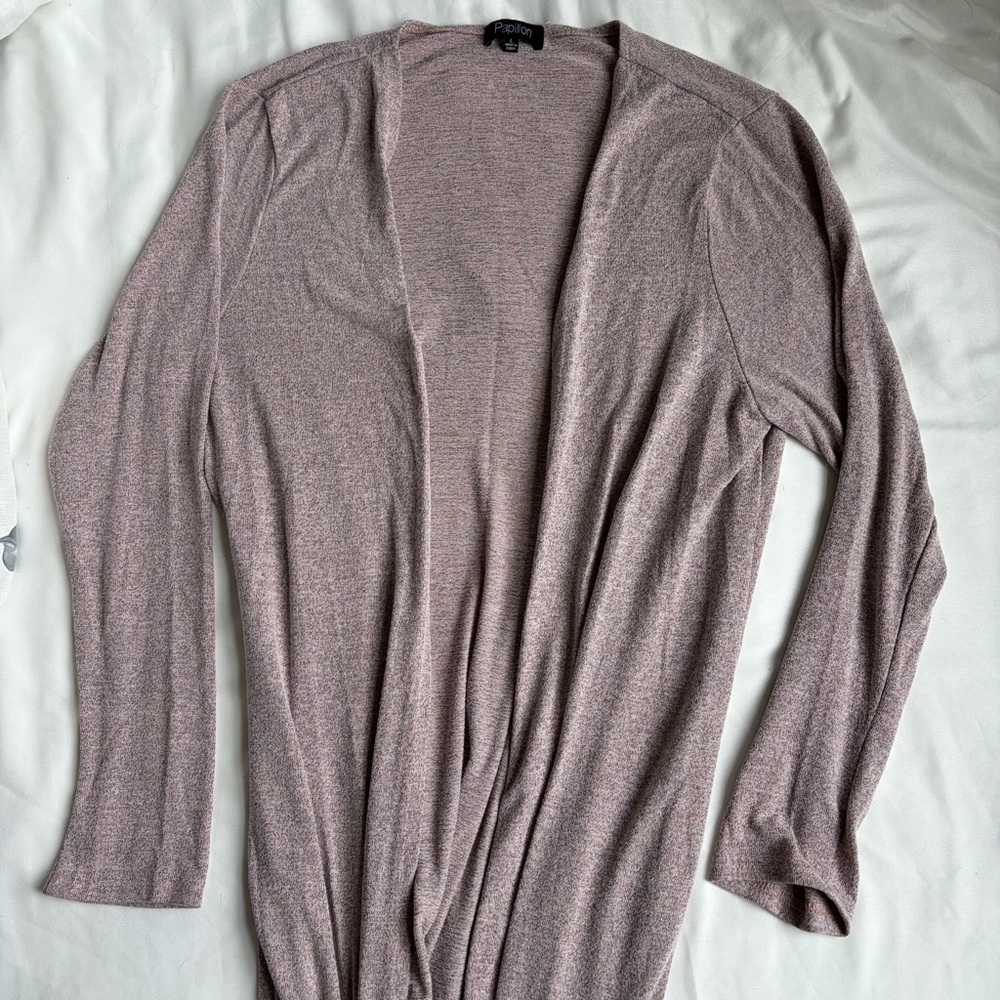 3/$25 Papillon Blanc Mauve Open Extra Long Cardigan